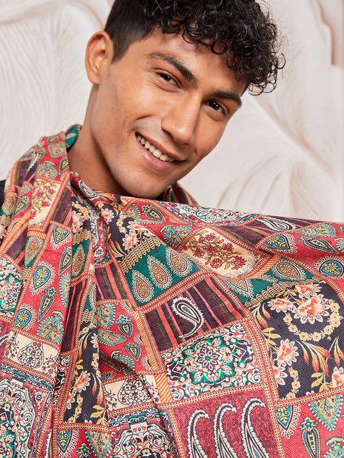 Men's Black Silk Blend Sherwani, Kurta And Patiala Set